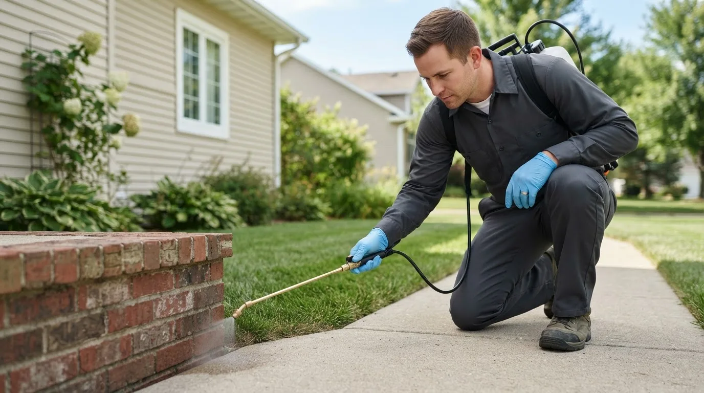 Pest control technician treating a home near Framingham, MA