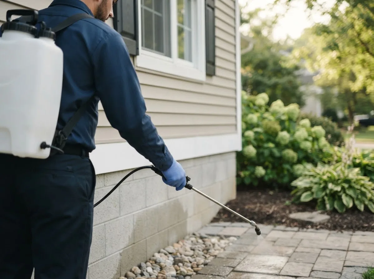 Pest control technician inspecting a home in Framingham, MA